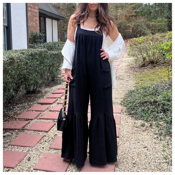 07 Boho wide leg cotton Gauze Jumpsuit with pockets and adjustable straps - Picture 4 of 6